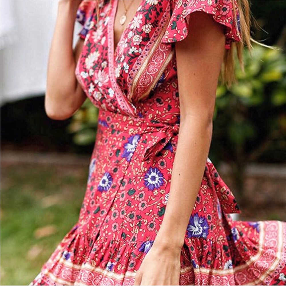 Red Mini Blue Floral Ruffle Wrap Dress - Picture 7 of 14